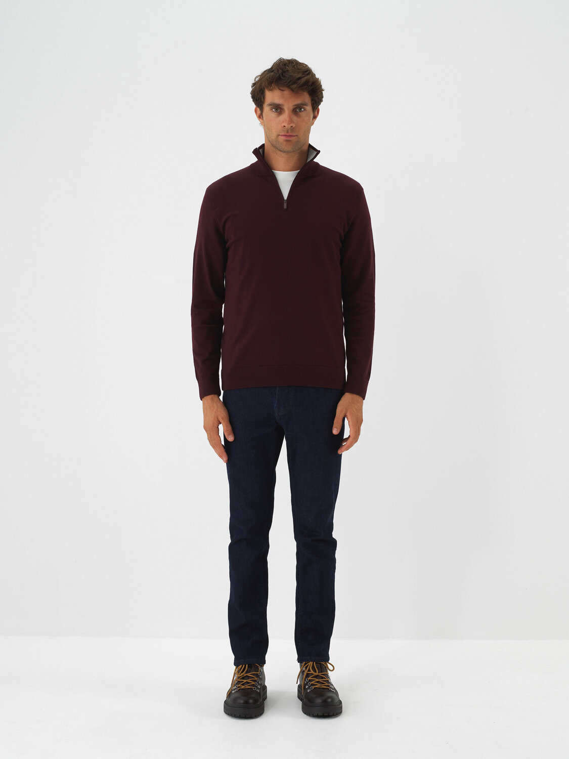 Burgundy Cotton Textured Regular Fit Sweater - Xint