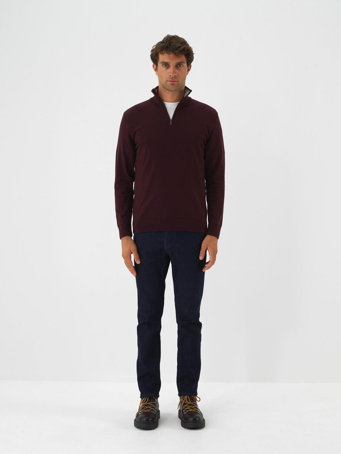 Burgundy Cotton Textured Regular Fit Sweater - 2