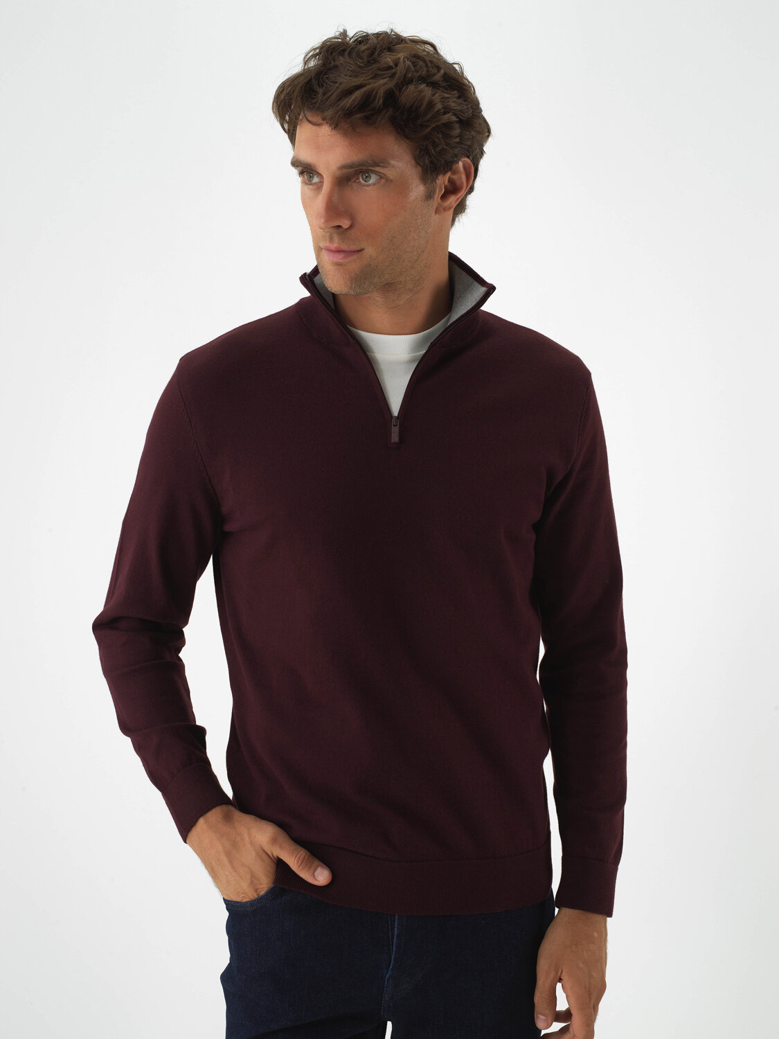 Burgundy Cotton Textured Regular Fit Sweater - 3