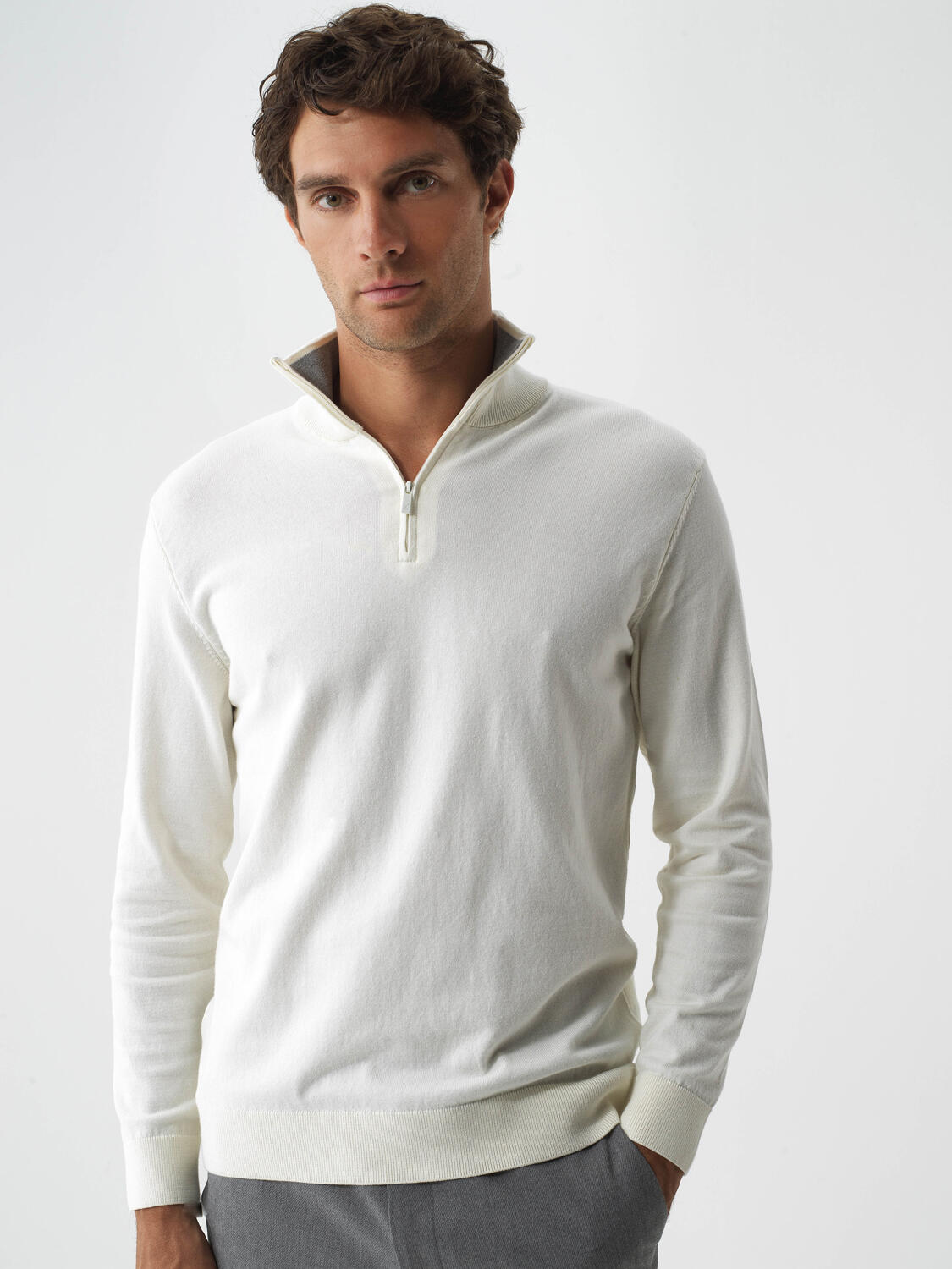 Ecru Cotton Textured Regular Fit Sweater