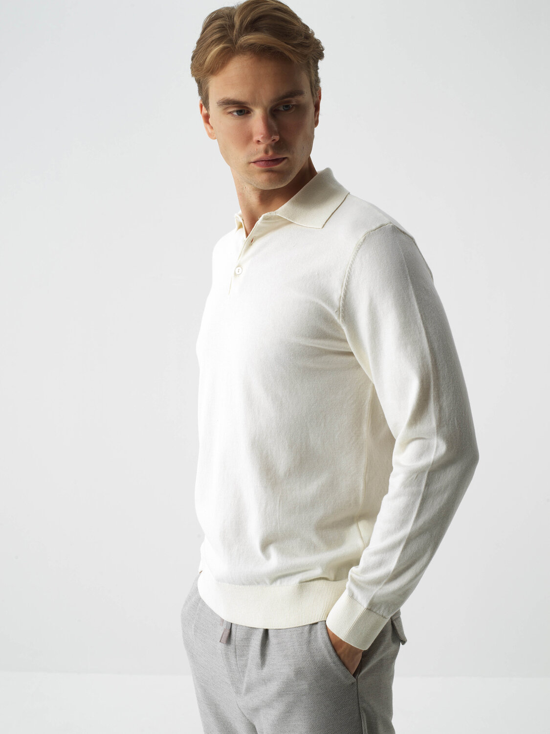 Ecru Cotton Textured Regular Fit Sweater - Xint