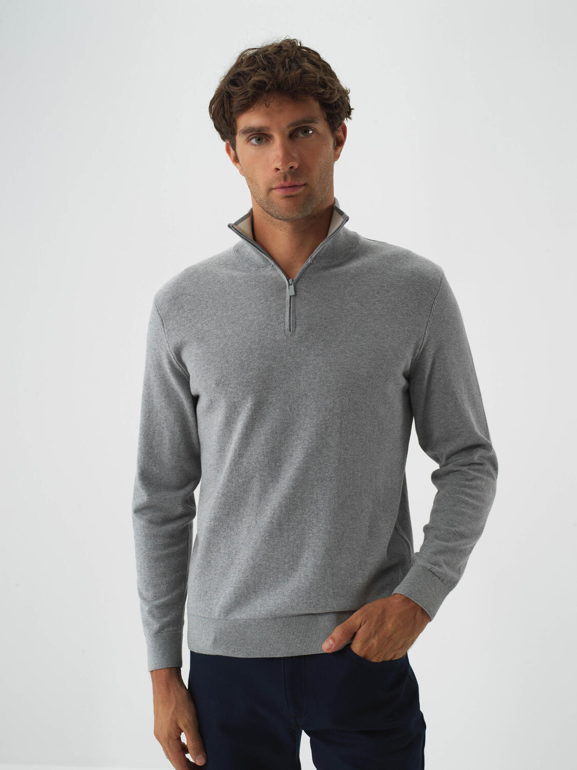Gray Cotton Textured Regular Fit Sweater