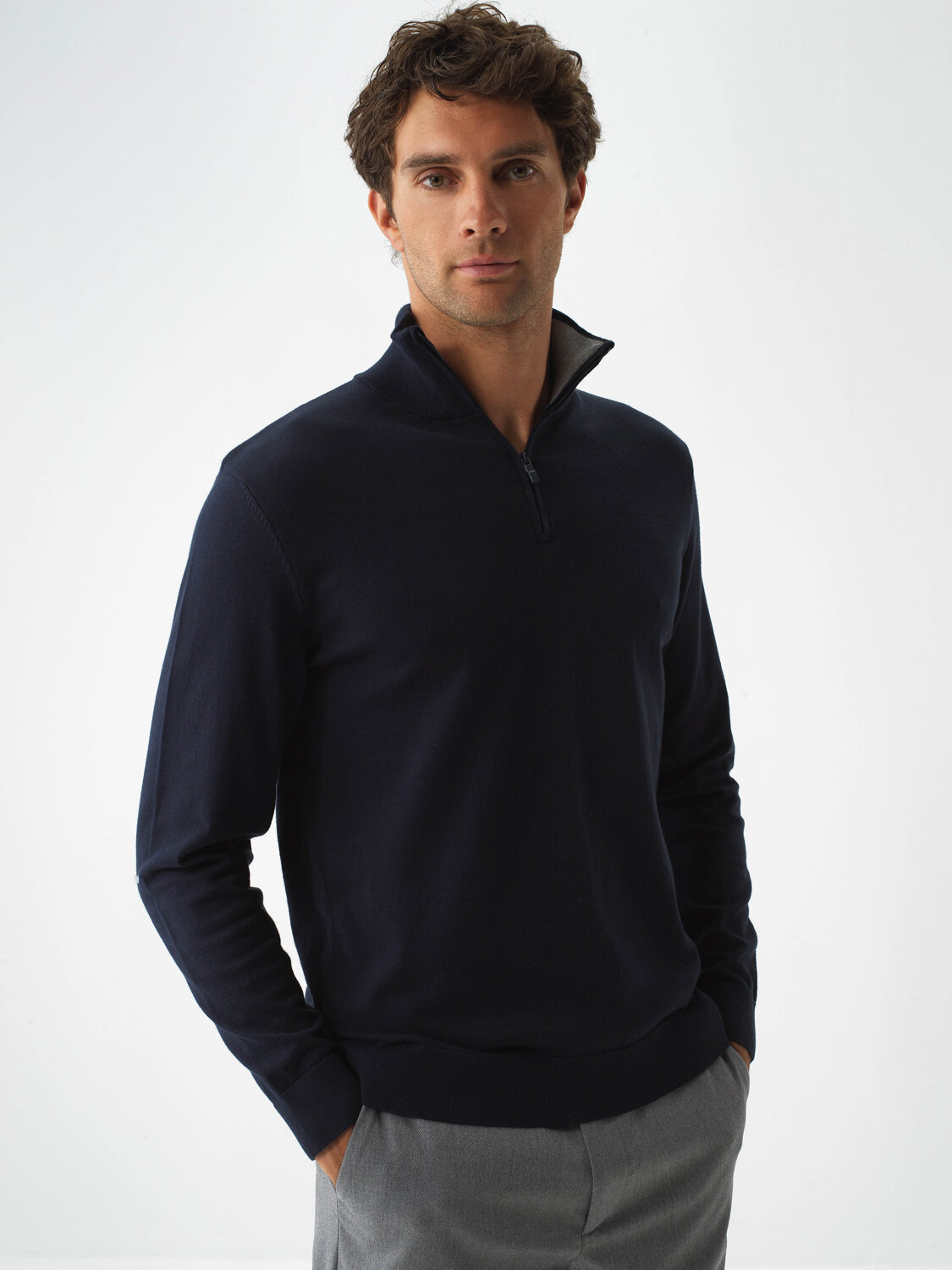 Navy Blue Cotton Textured Regular Fit Sweater - 3