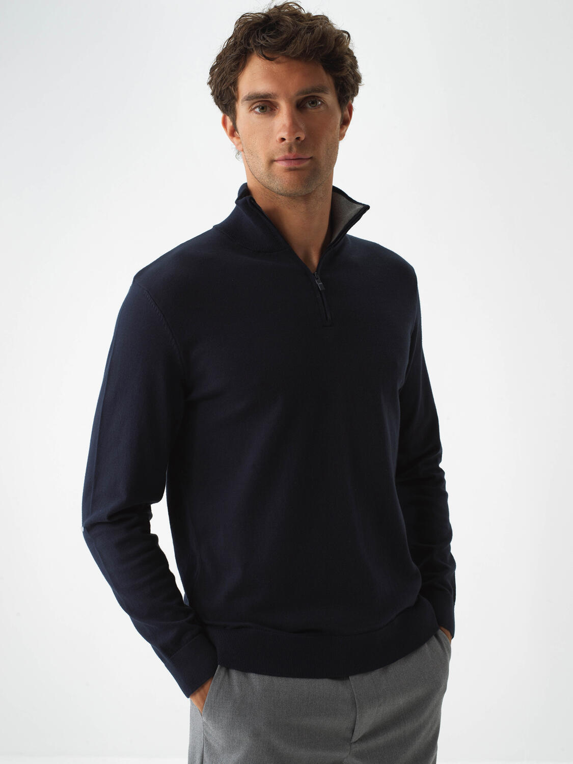 Navy Blue Cotton Textured Regular Fit Sweater - 3