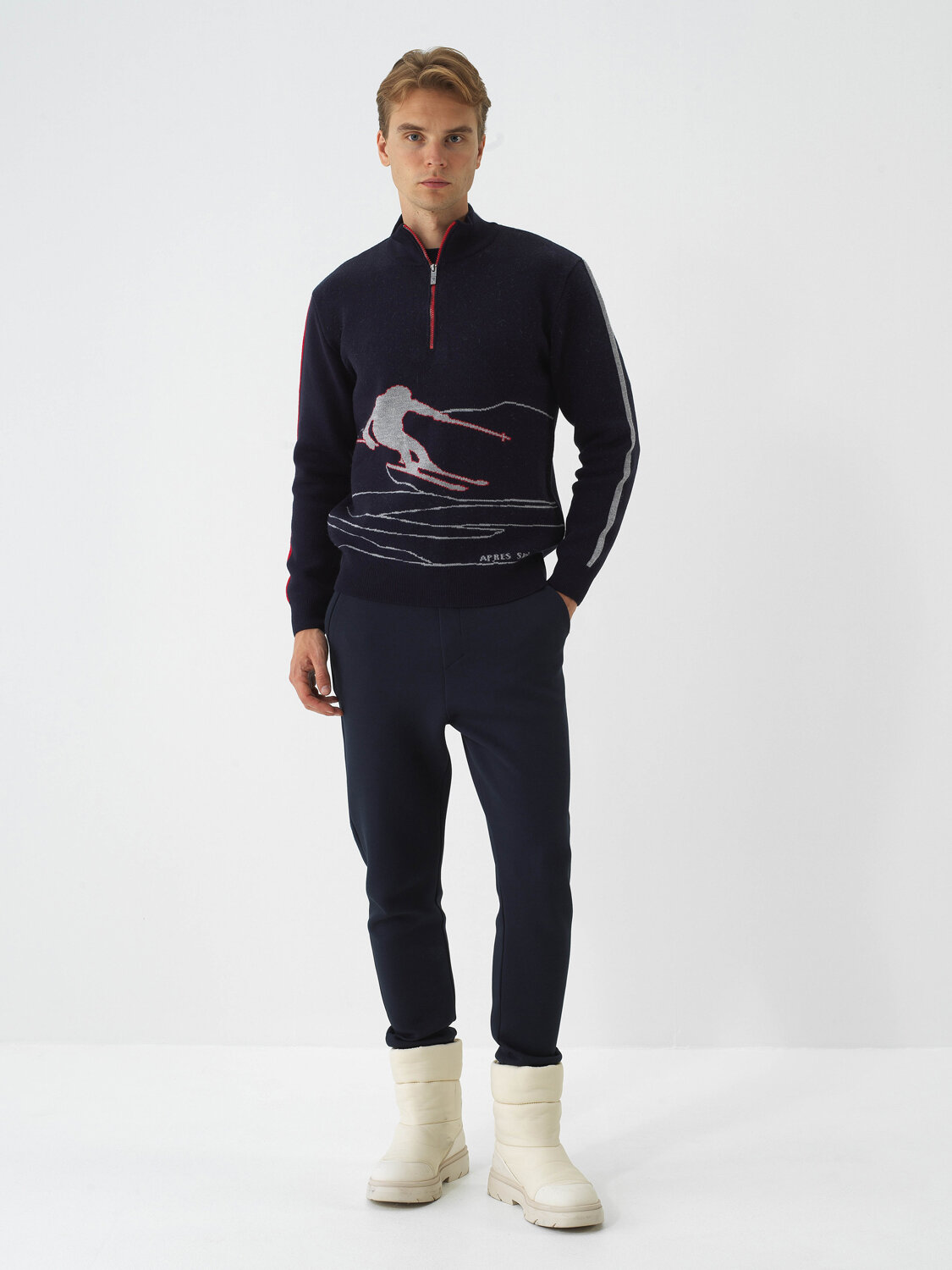 Navy Blue Natural Wool Textured Regular Fit Sweater - Xint