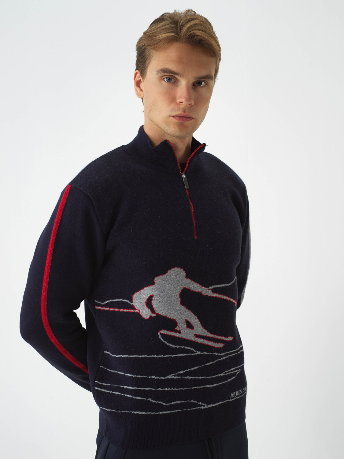 Navy Blue Natural Wool Textured Regular Fit Sweater - Xint