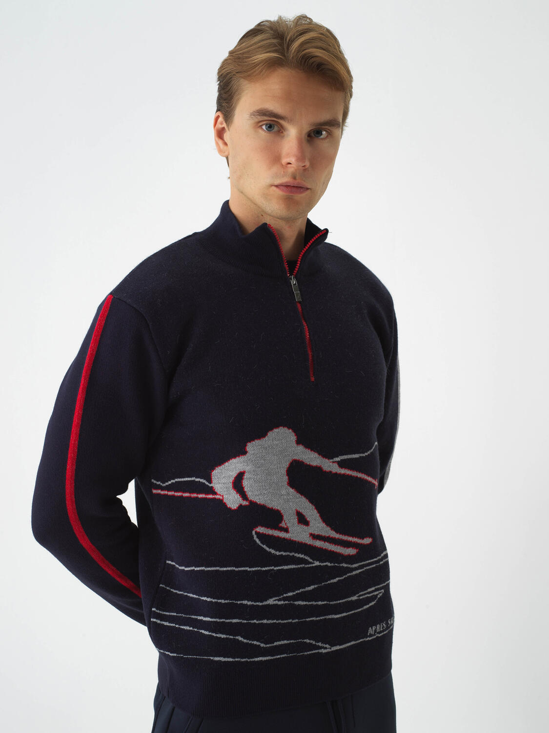 Navy Blue Natural Wool Textured Regular Fit Sweater