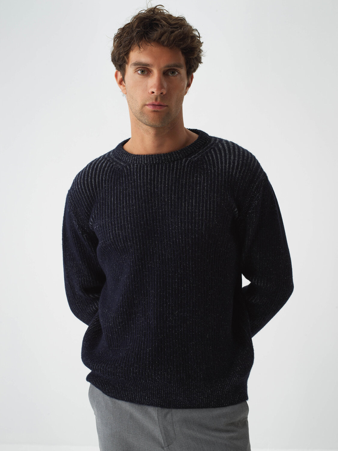 Navy Blue Soft Texture Regular Fit Sweater - 3