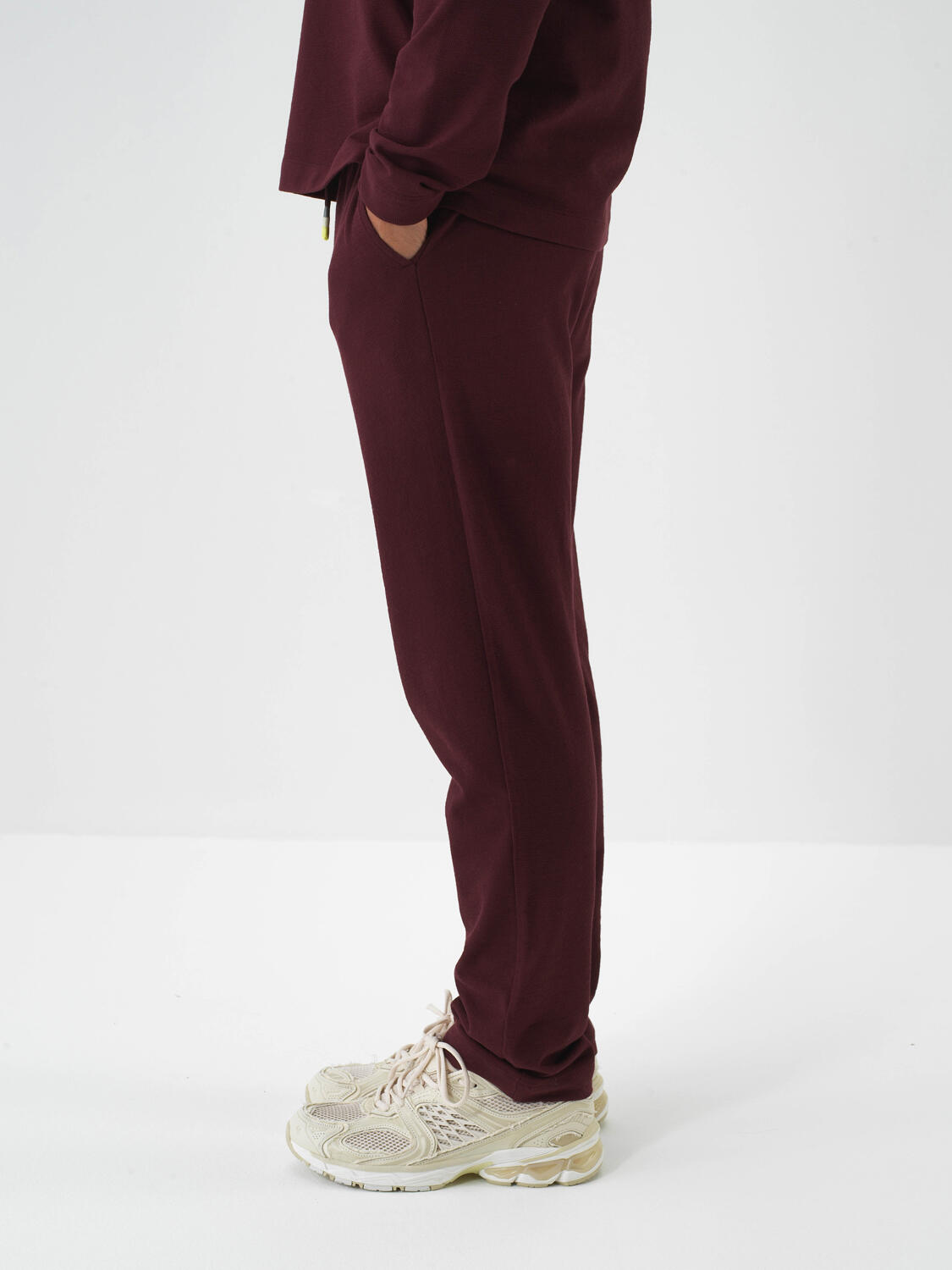 Claret Red Cotton Textured Regular Fit Sweat Trousers - 4