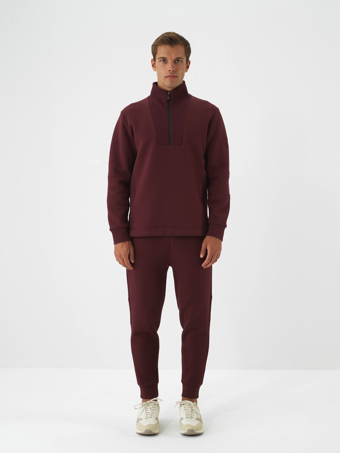 Claret Red Cotton Textured Regular Fit Sweat Trousers - Xint