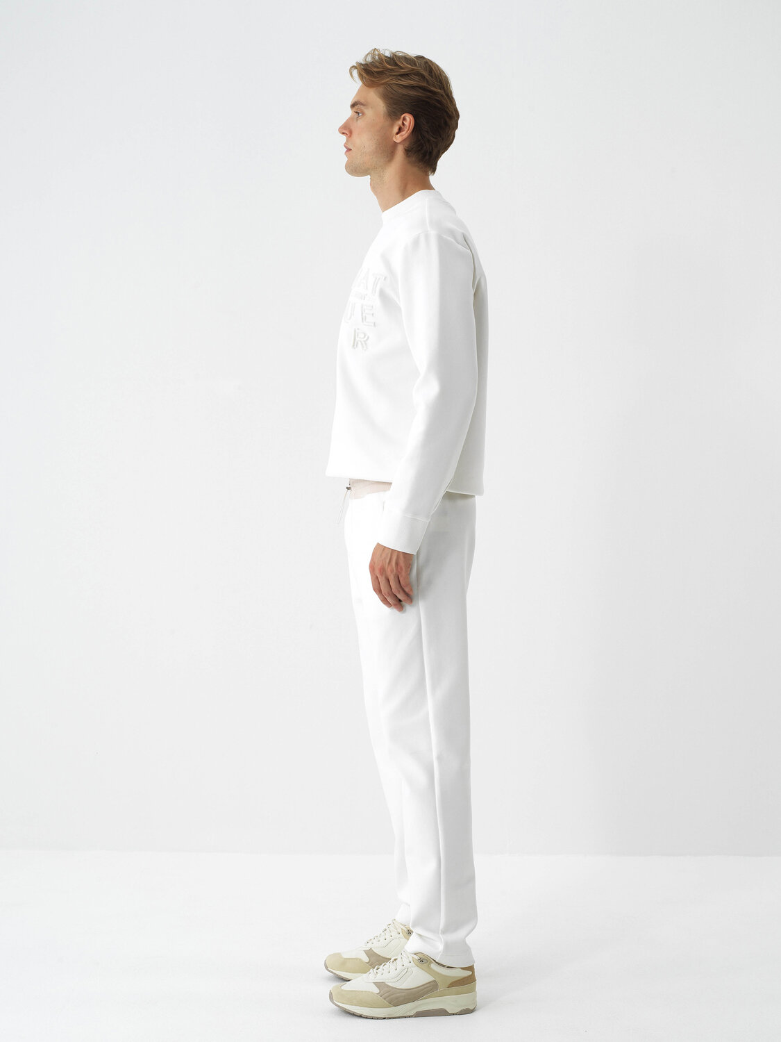 Ecru Cotton Textured Regular Fit Sweat Trousers - Xint