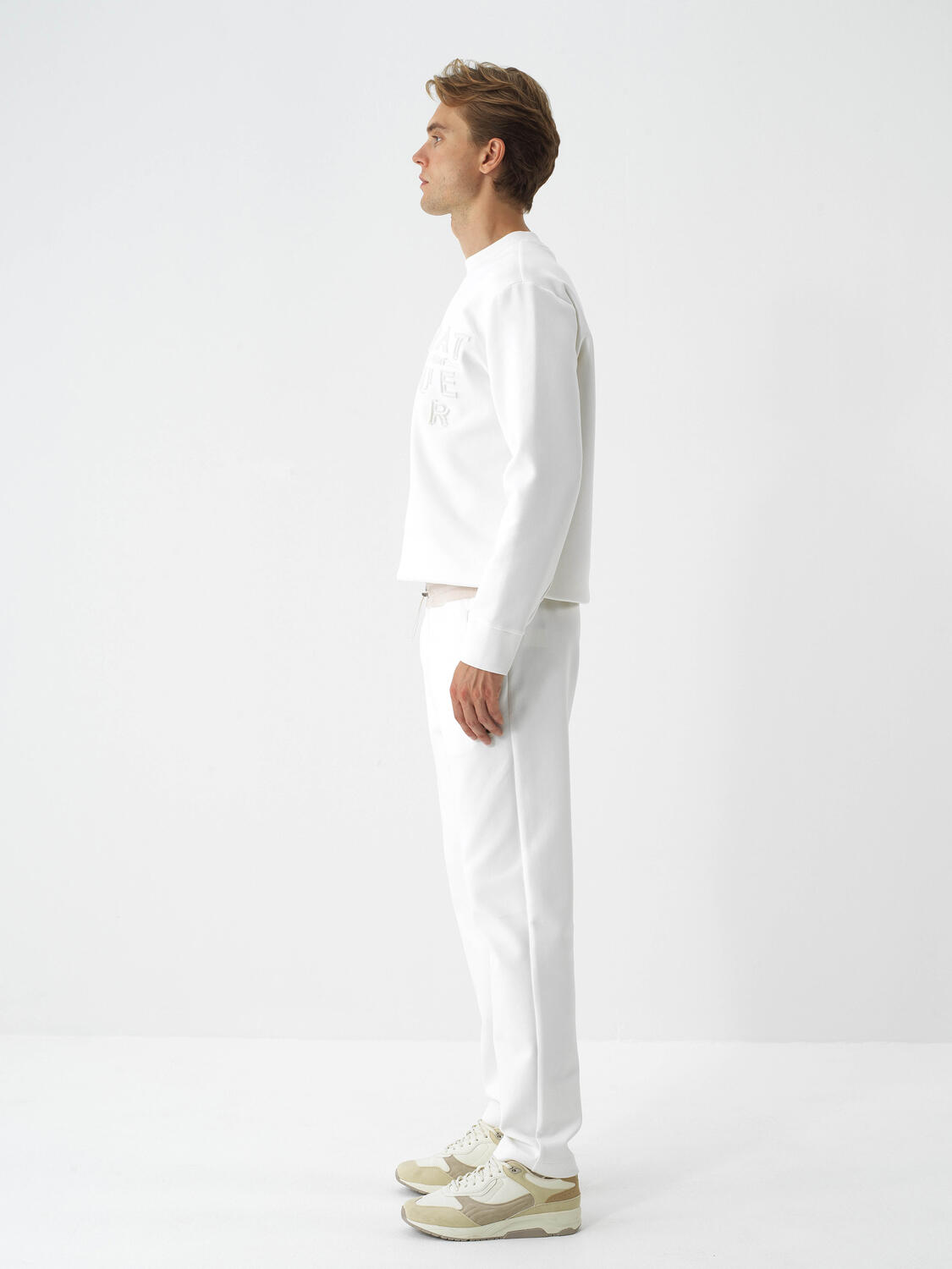 Ecru Cotton Textured Regular Fit Sweat Trousers - 4