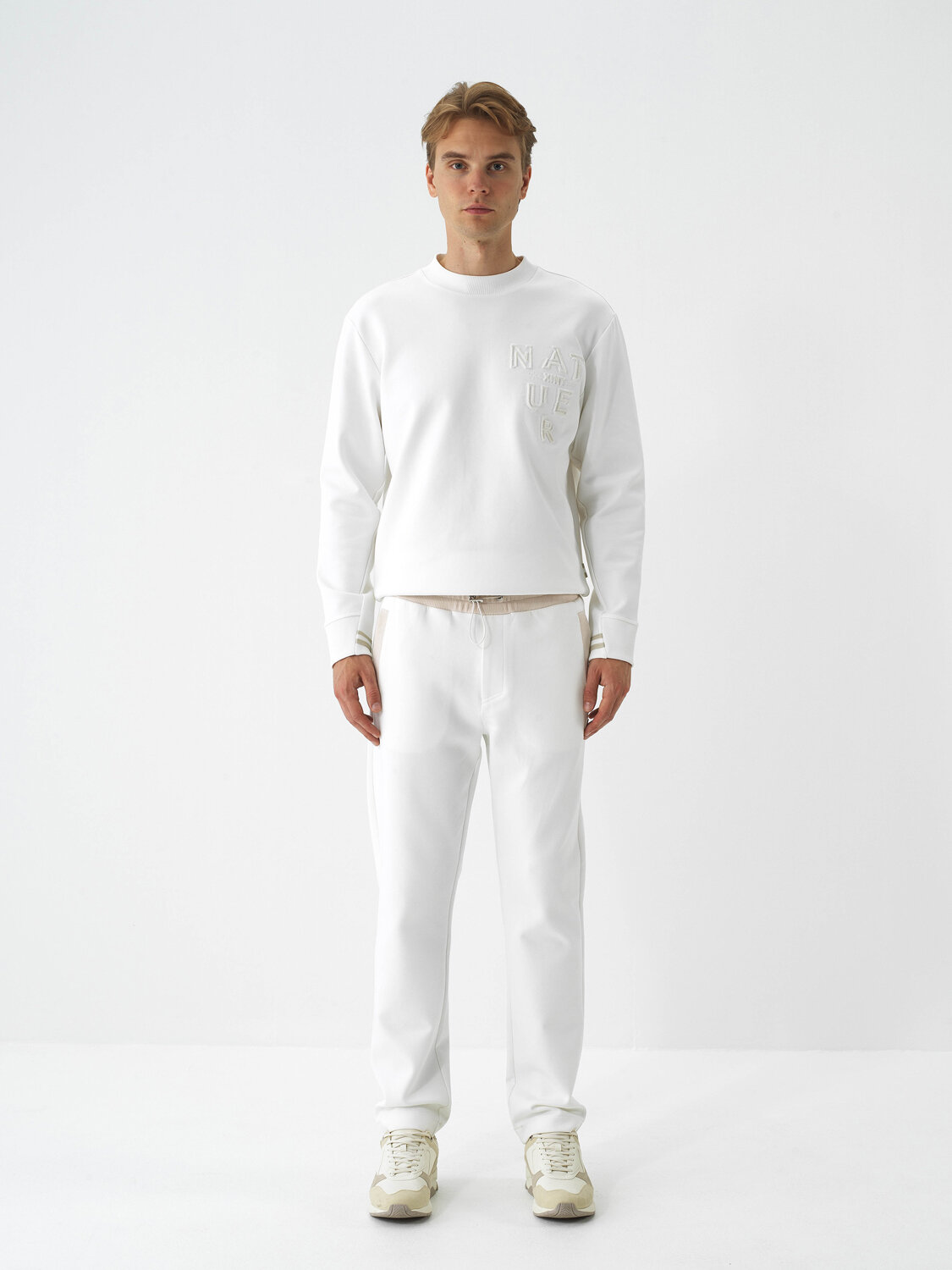 Ecru Cotton Textured Regular Fit Sweat Trousers - Xint