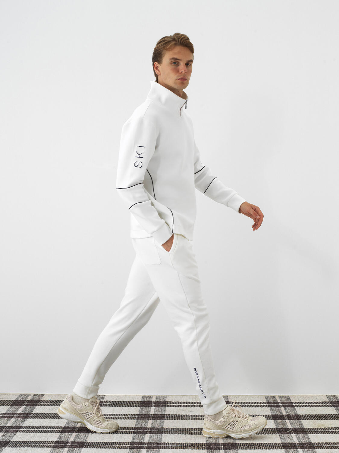 Ecru Cotton Textured Slim Fit Sweat Trousers - 5