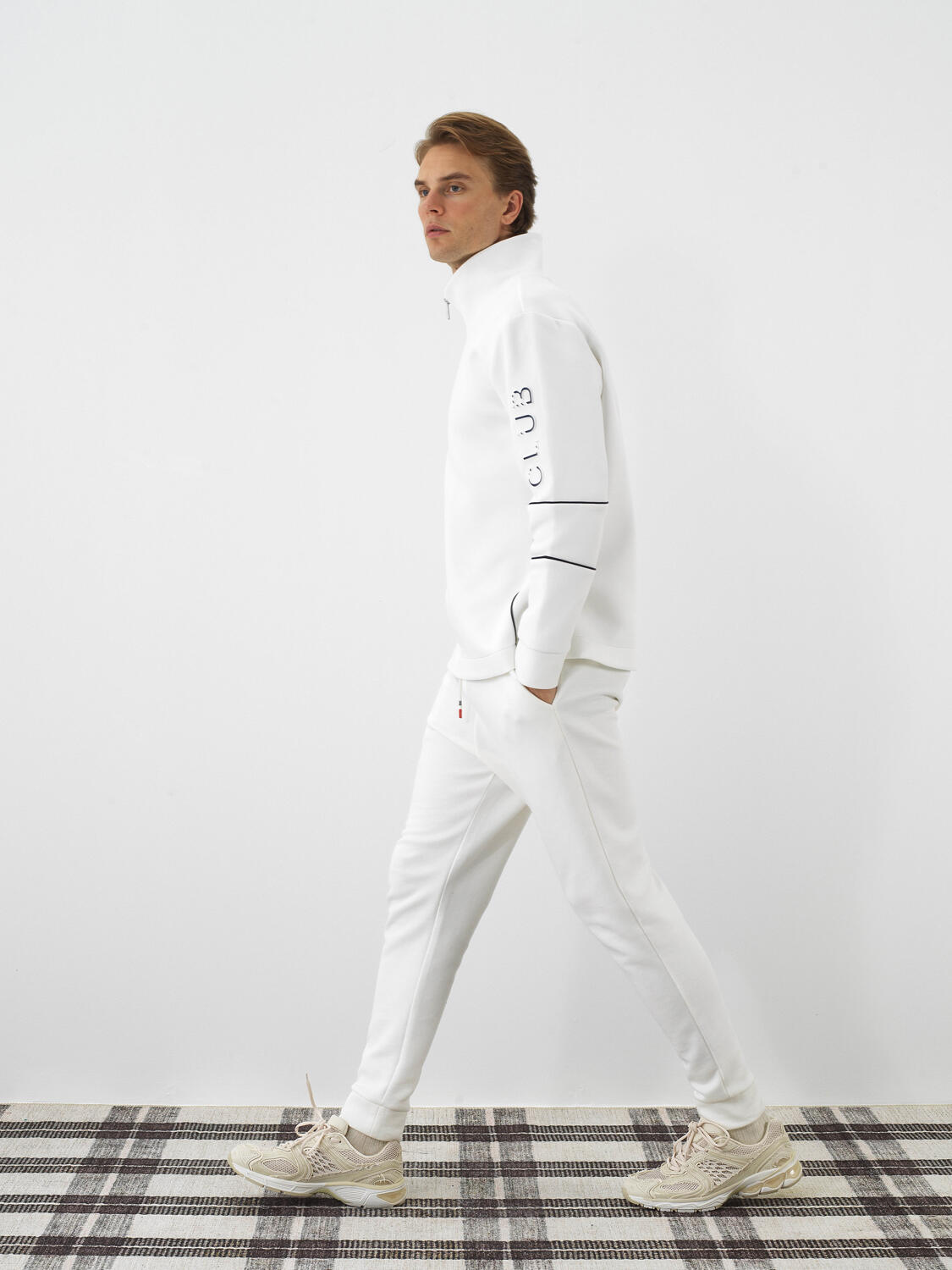 Ecru Cotton Textured Slim Fit Sweat Trousers - 6