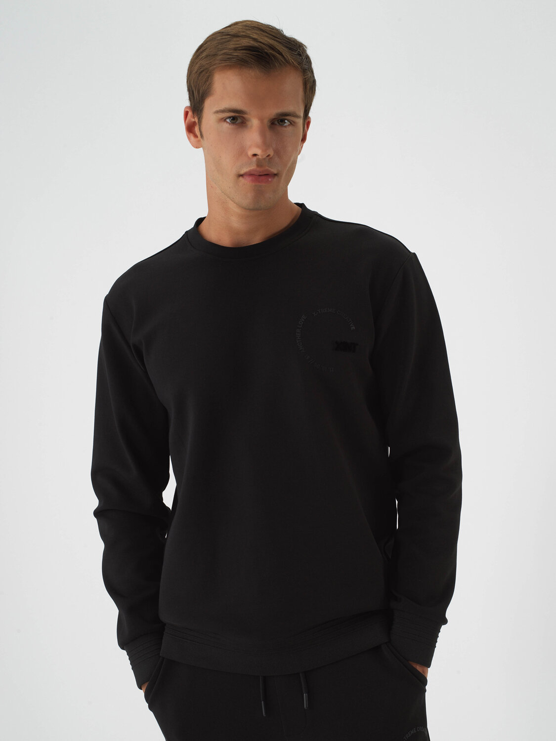 Black Cotton Textured Regular Fit Sweatshirt - Xint