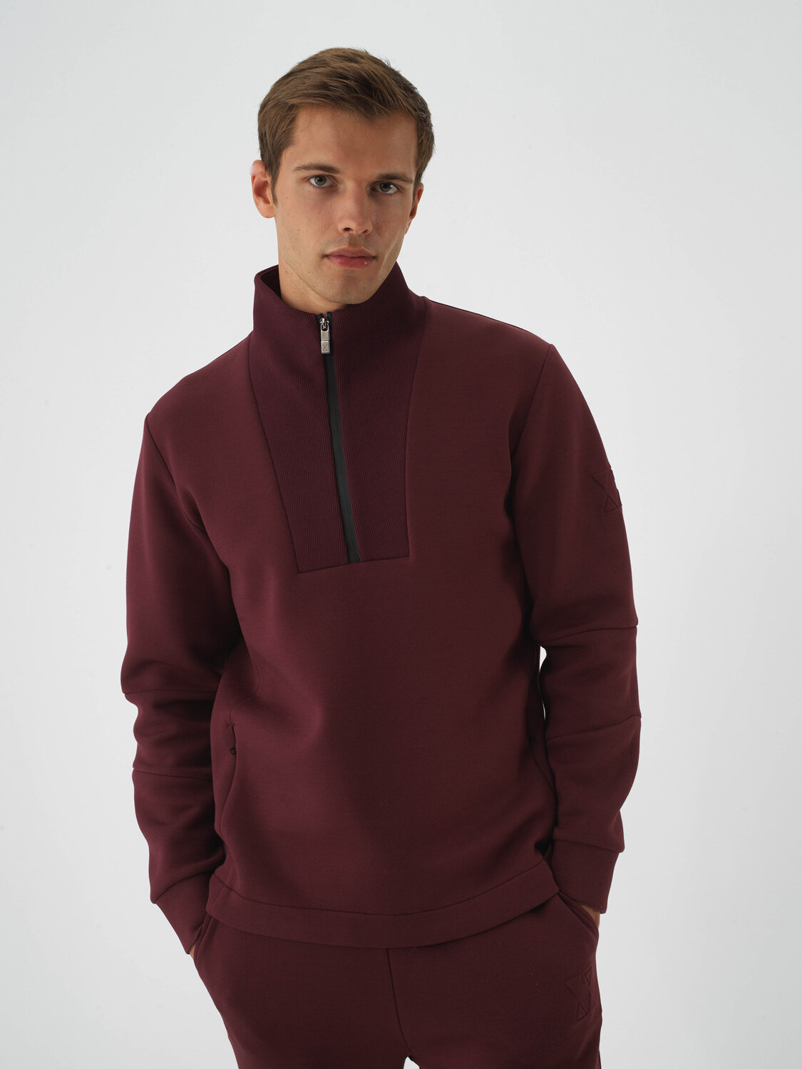 Burgundy Cotton Textured Regular Fit Sweatshirt - Xint