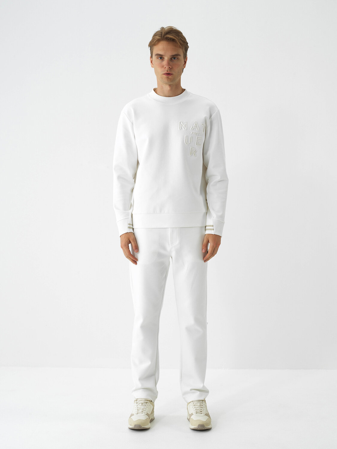 Ecru Cotton Textured Regular Fit Sweatshirt - Xint