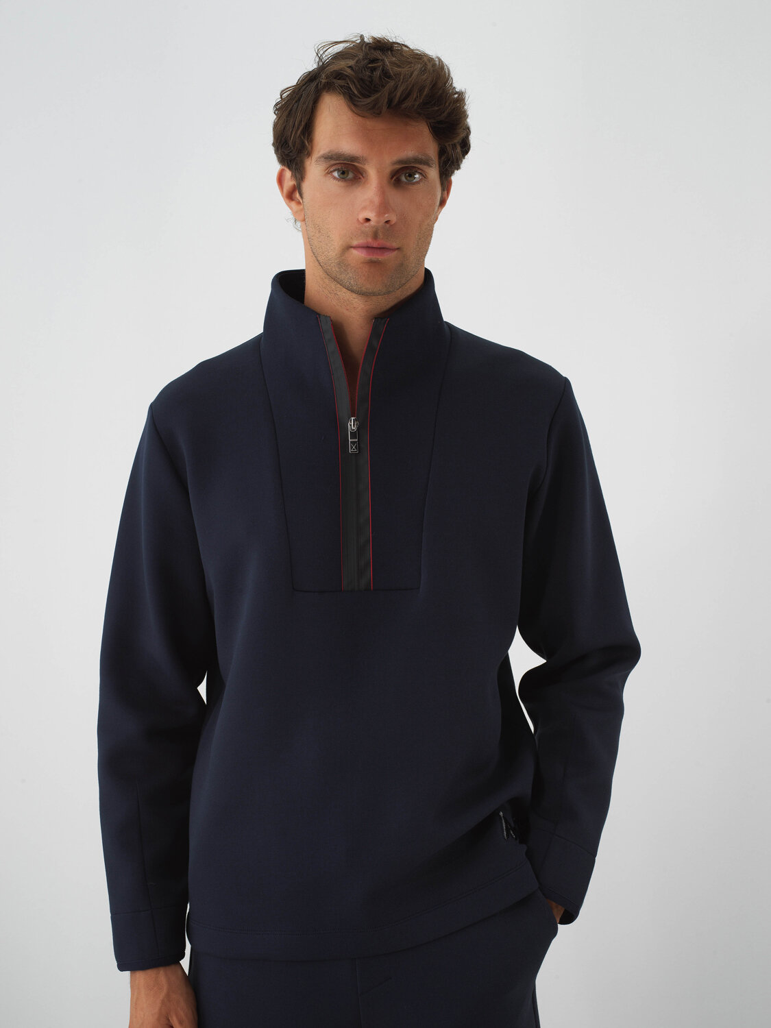 Navy Blue Cotton Textured Regular Fit Sweatshirt - Xint