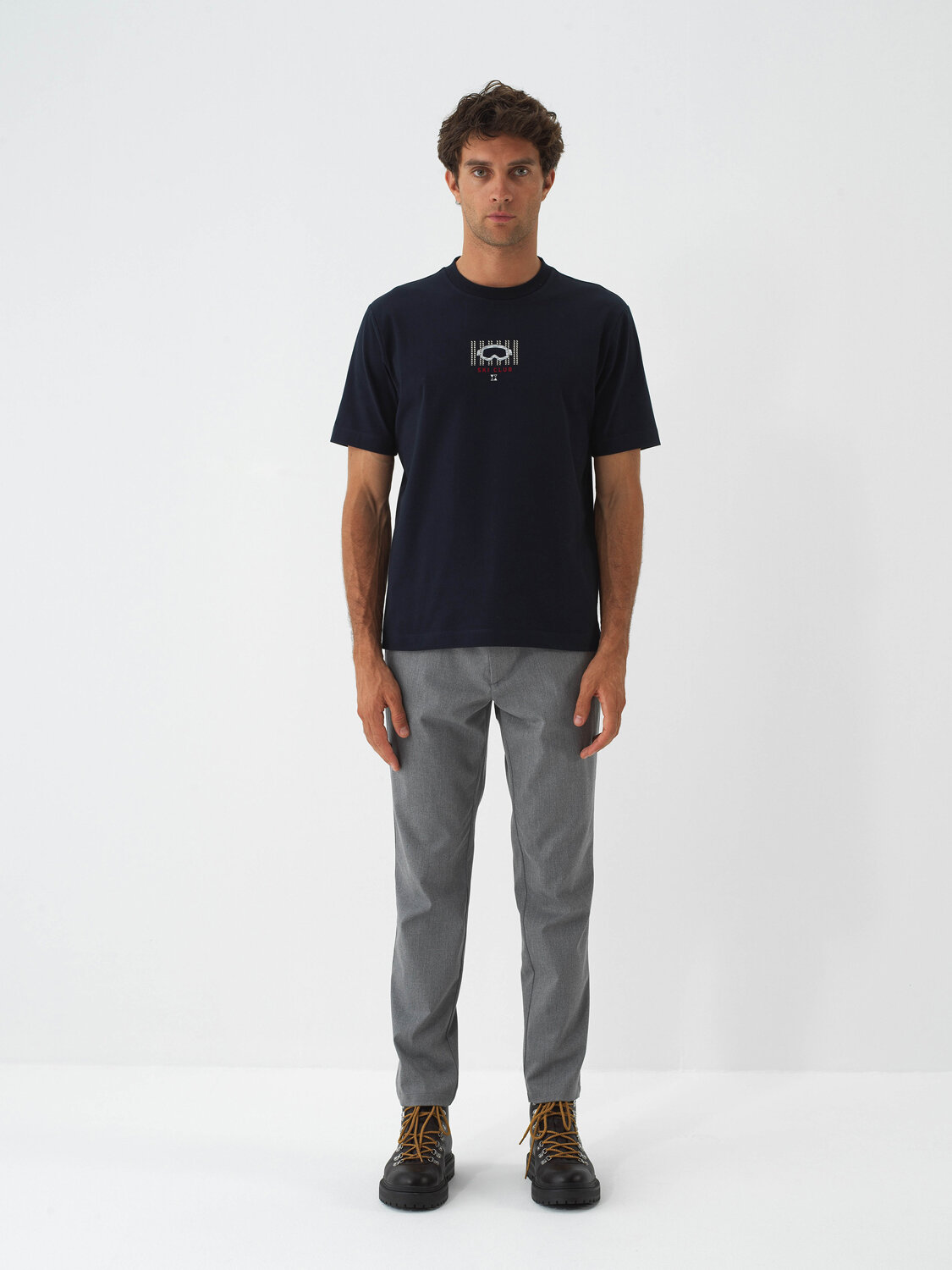 Navy Blue Cotton Textured Regular Fit T-Shirt - Xint