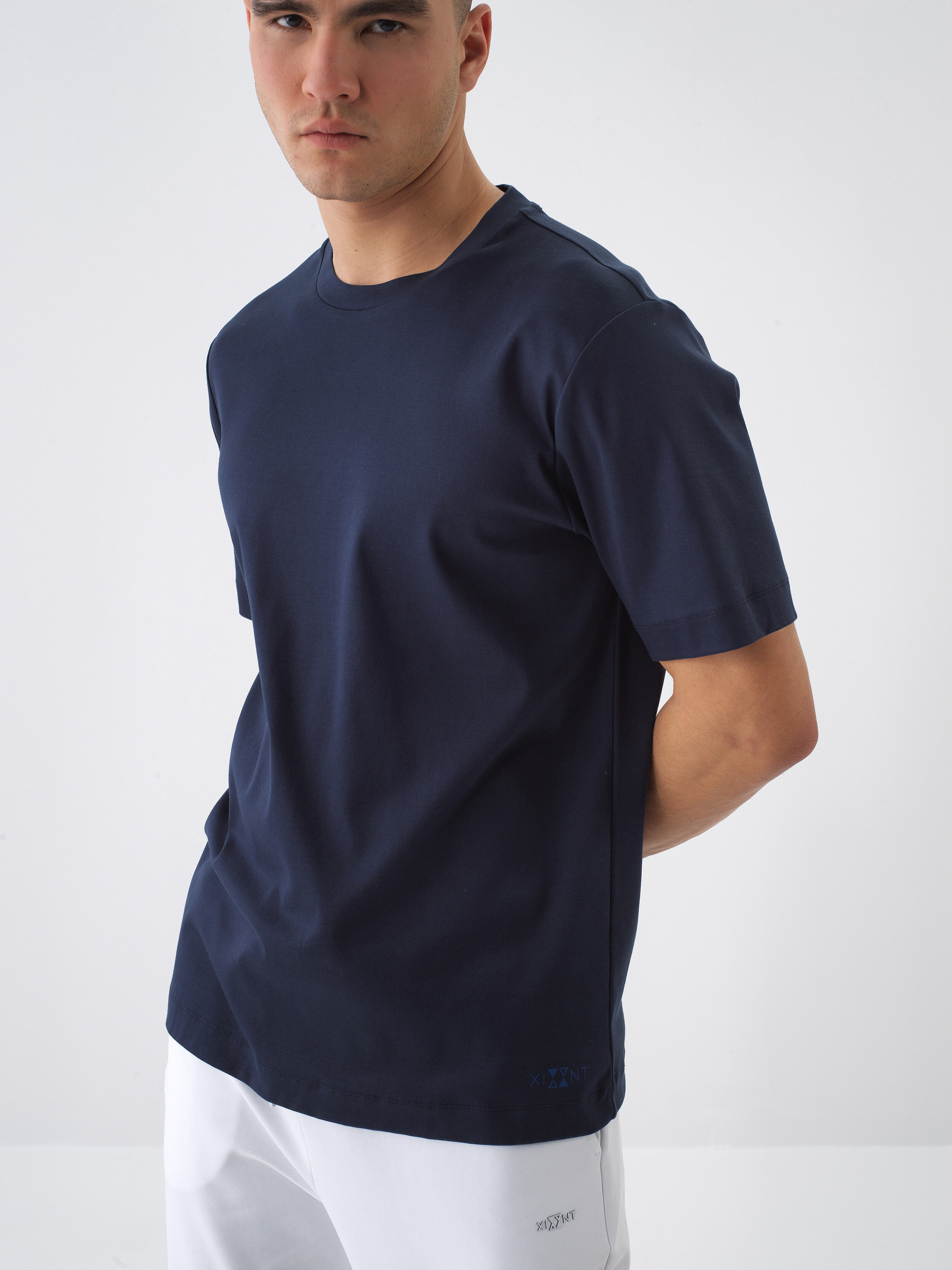 Navy Blue Luxury Mercerized Textured Regular Fit T-Shirt - Xint