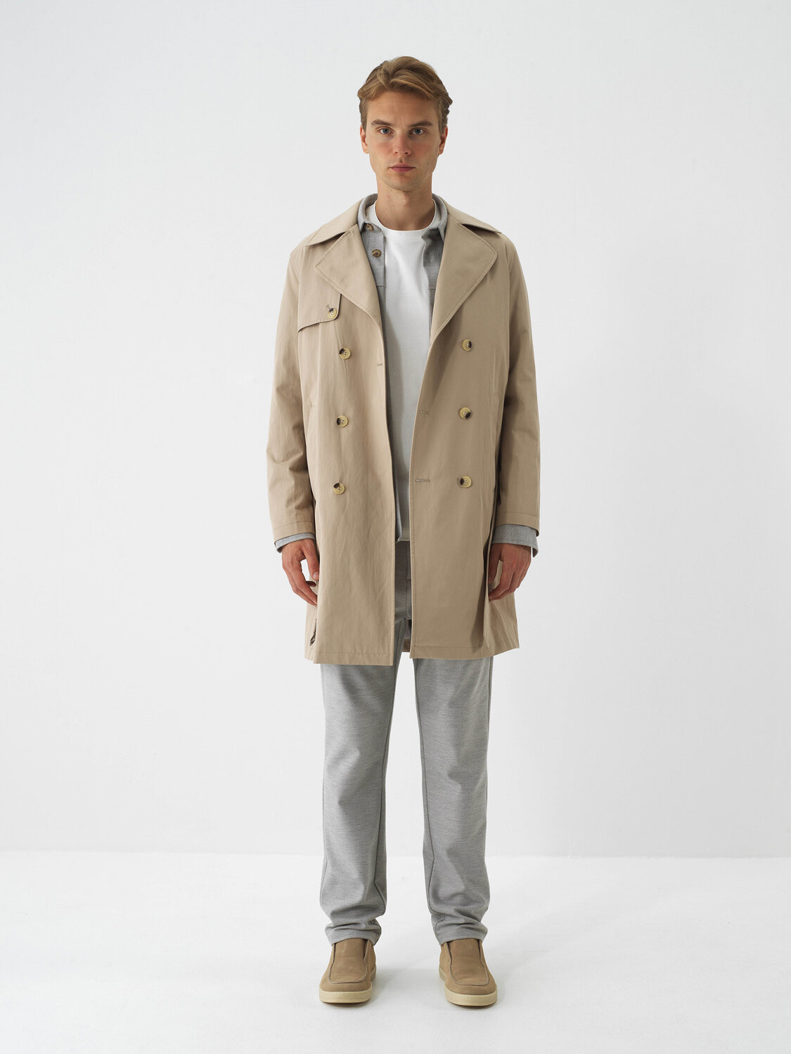Beige Cotton Textured Regular Fit Trench Coat - Xint