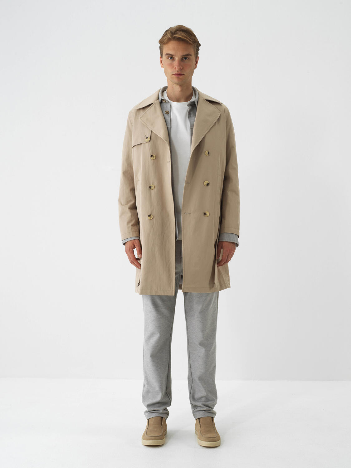 Beige Cotton Textured Regular Fit Trench Coat - 2