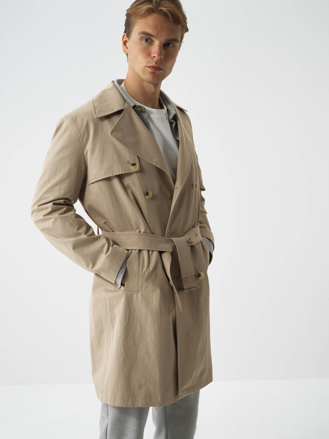 Beige Cotton Textured Regular Fit Trench Coat - Xint