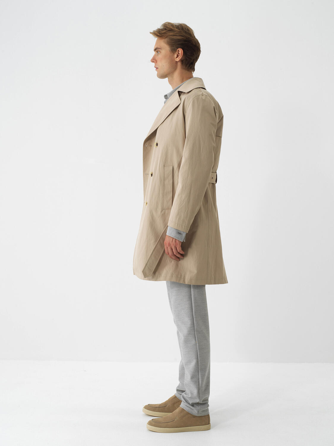 Beige Cotton Textured Regular Fit Trench Coat - 3