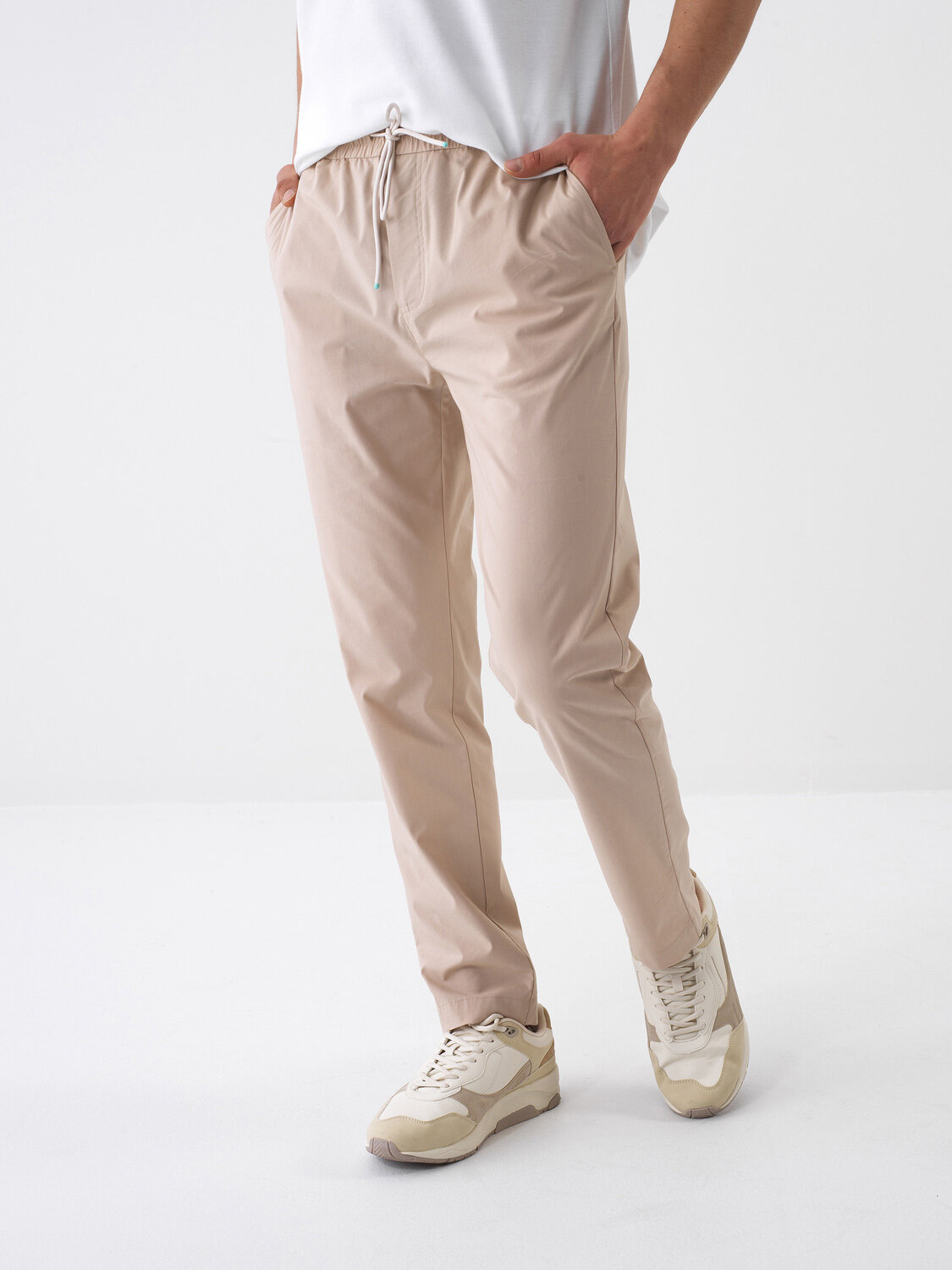 Beige Slim Fit Cotton Jogger Trousers