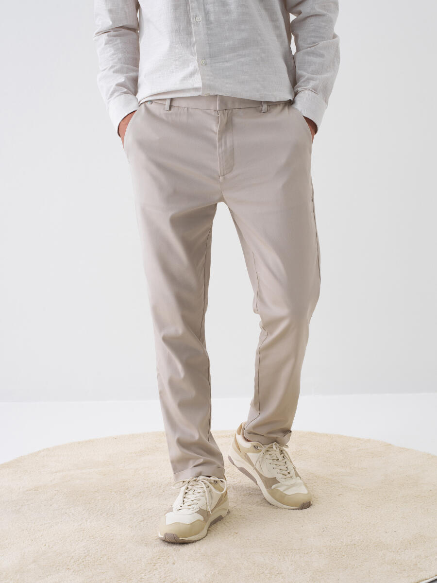 Beige Slim Fit Cotton Jogger Trousers - 1