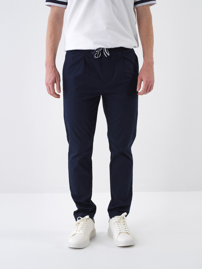 Navy Blue Slim Fit Cotton Jogger Trousers - 1