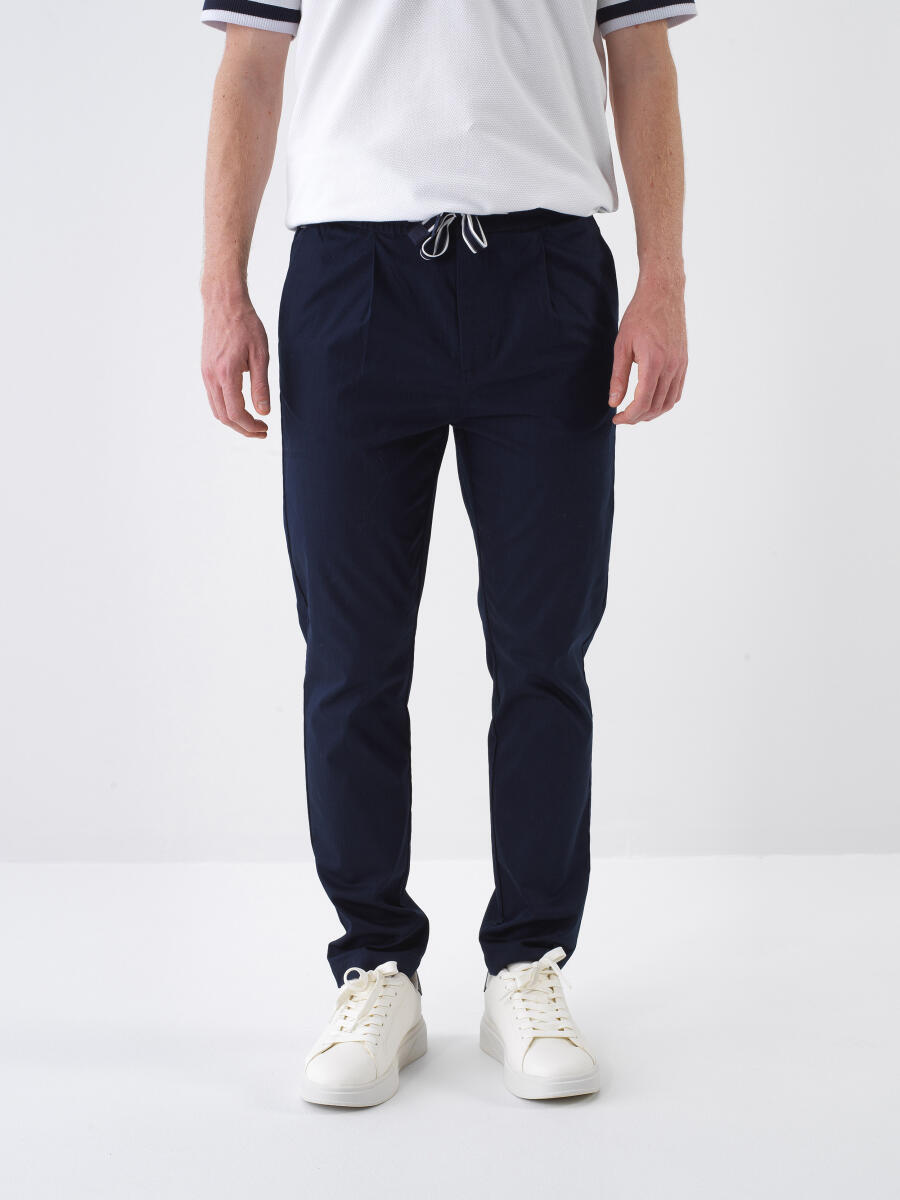Navy Blue Slim Fit Cotton Jogger Trousers - 1
