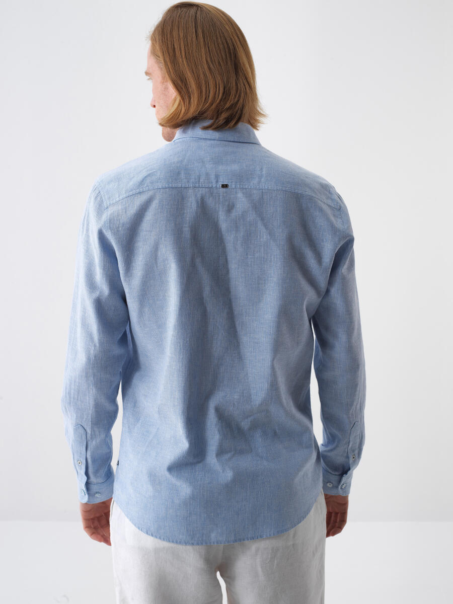 Blue Regular Fit Linen Shirt - 4