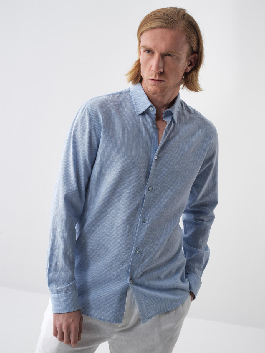 Blue Regular Fit Linen Shirt - 1
