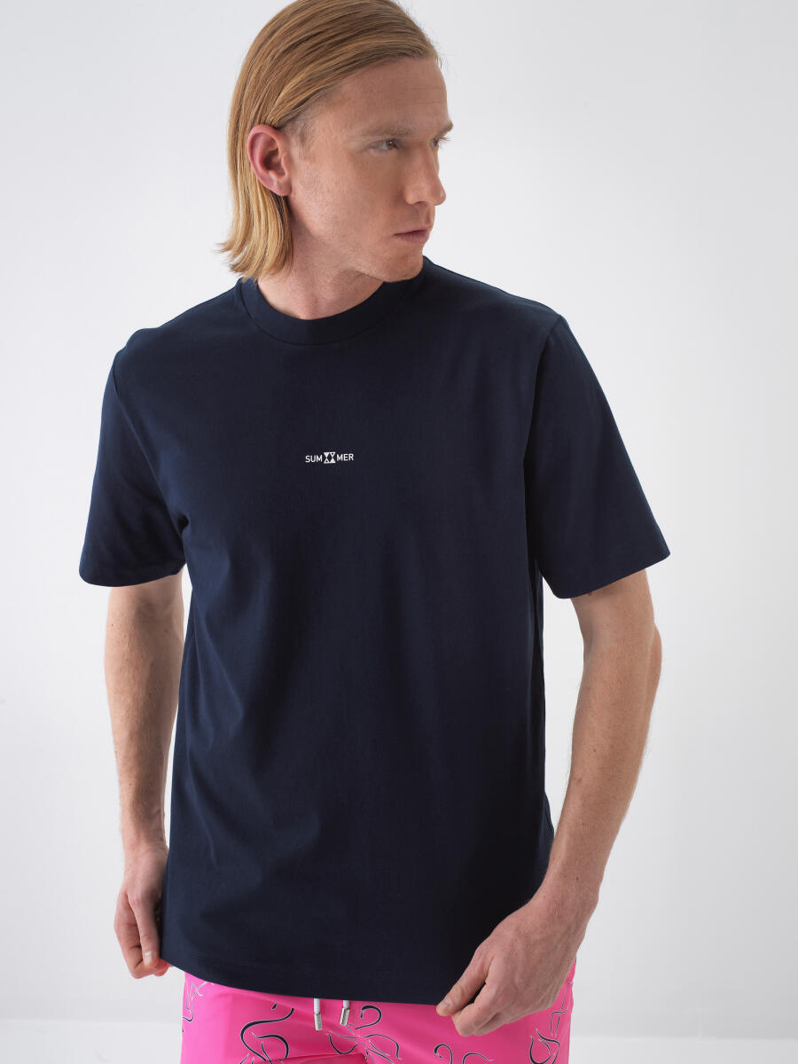 Navy Blue Regular Fit Cotton T-Shirt - 1