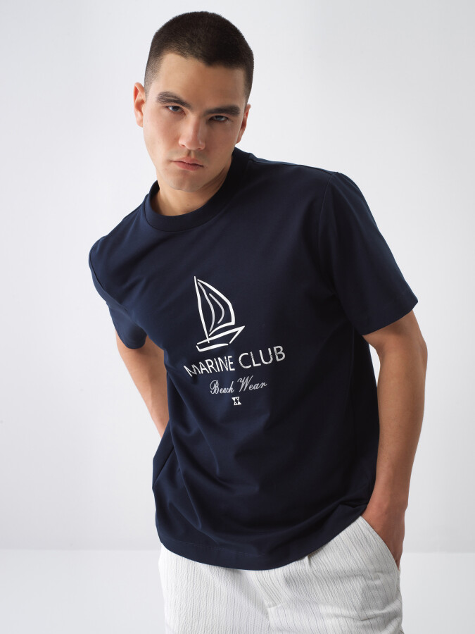 Navy Blue Regular Fit Cotton T-Shirt