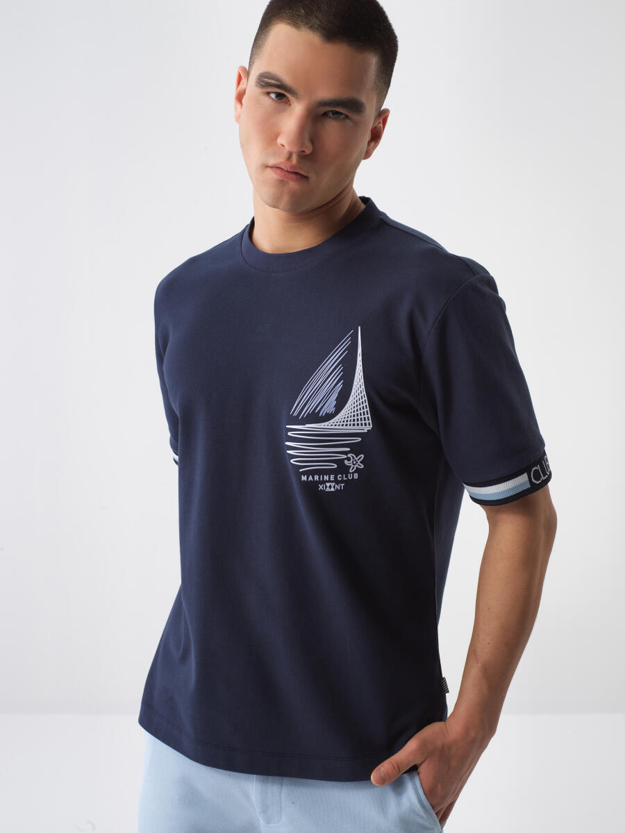Navy Blue Regular Fit Cotton T-Shirt - 1
