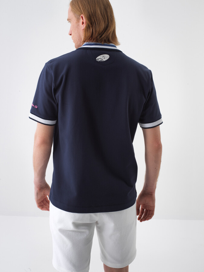 Navy Blue Regular Fit Cotton T-Shirt - 5