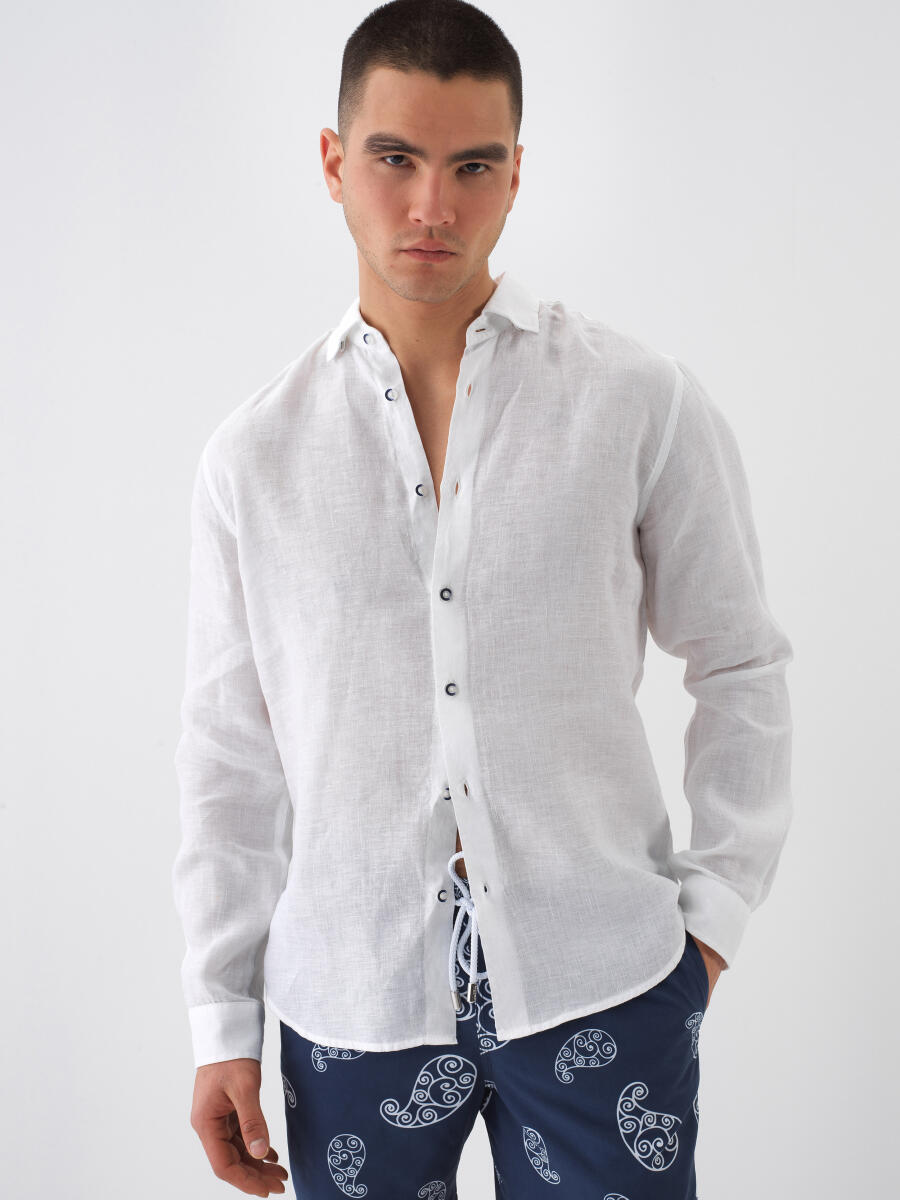 White Regular Fit Linen Shirt - 1