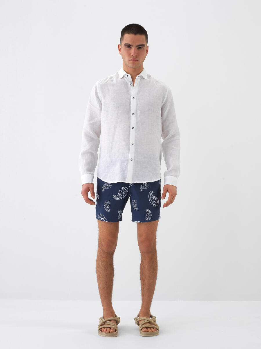 White Regular Fit Linen Shirt - 2