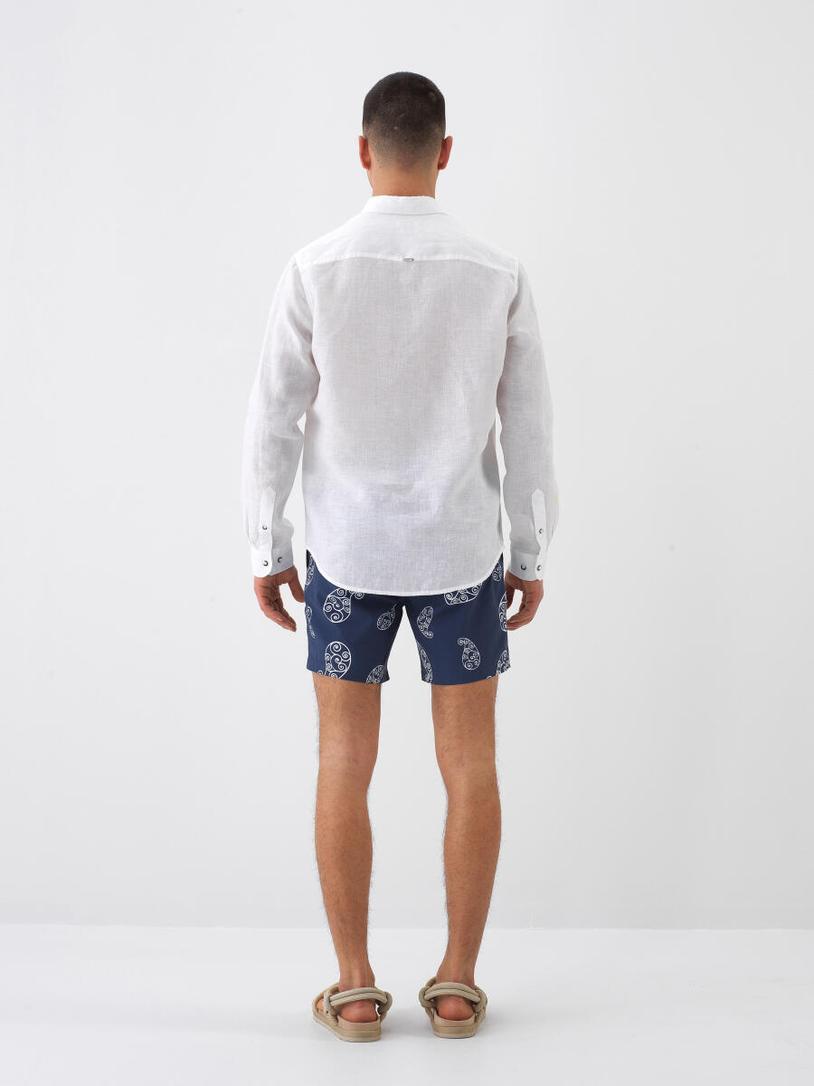 White Regular Fit Linen Shirt - 5