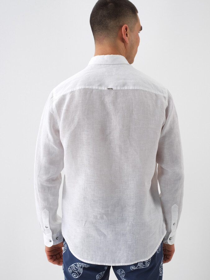 White Regular Fit Linen Shirt - 4