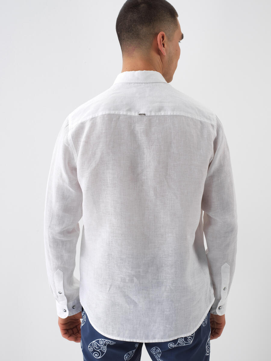 White Regular Fit Linen Shirt - 4