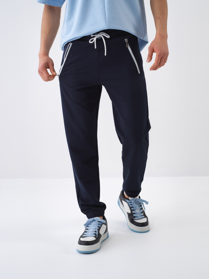 Navy Blue Regular Fit Cotton Sweat Trousers - 1