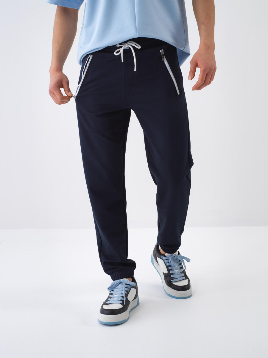 Navy Blue Regular Fit Cotton Sweat Trousers - 1