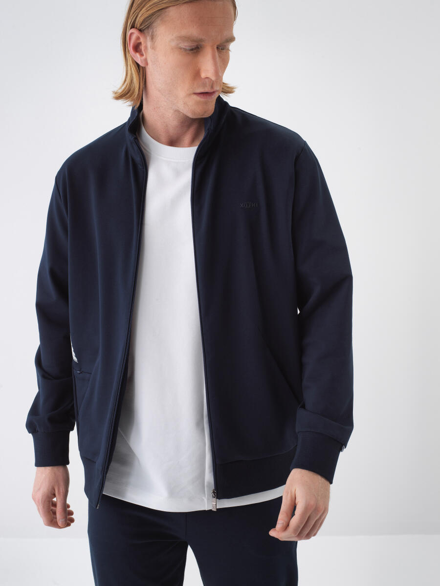 Navy Blue Regular Fit Cotton Sweatcoat - 1