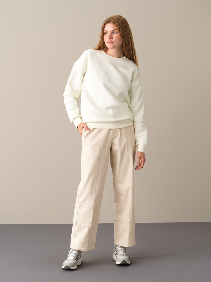 Ekru Pamuk Dokulu Pamuklu Oversize Sweatshirt - Xint
