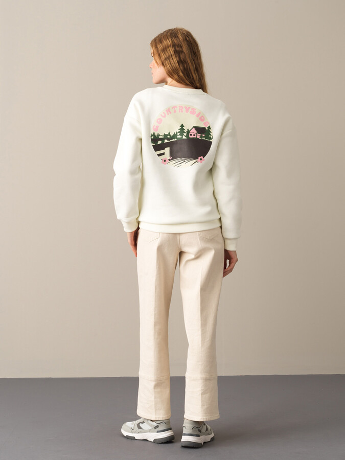 Ekru Pamuk Dokulu Pamuklu Oversize Sweatshirt - Xint