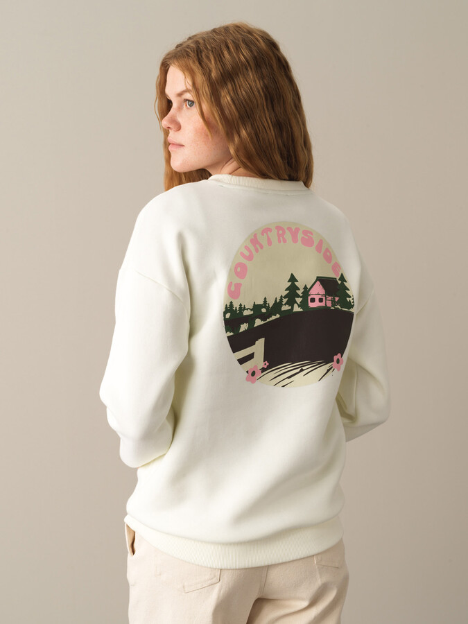 Ekru Pamuk Dokulu Pamuklu Oversize Sweatshirt - Xint